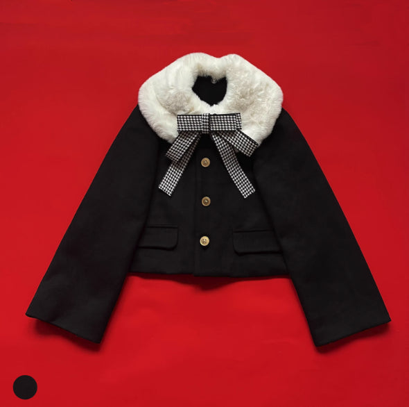 Sweet Bow Wool Coat Women's Short Coat in Winter Fur Collar Lolita Outfit