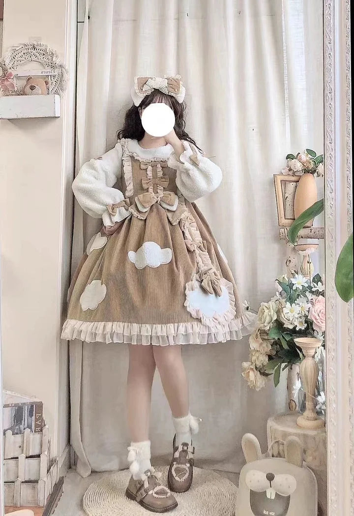 Sweet Cloud Lolita Long Sleeve Dress Cute Corduroy Dress in Fall Winter