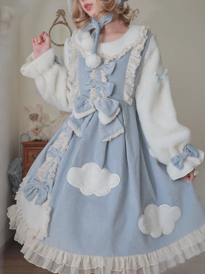 Sweet Cloud Lolita Long Sleeve Dress Cute Corduroy Dress in Fall Winter