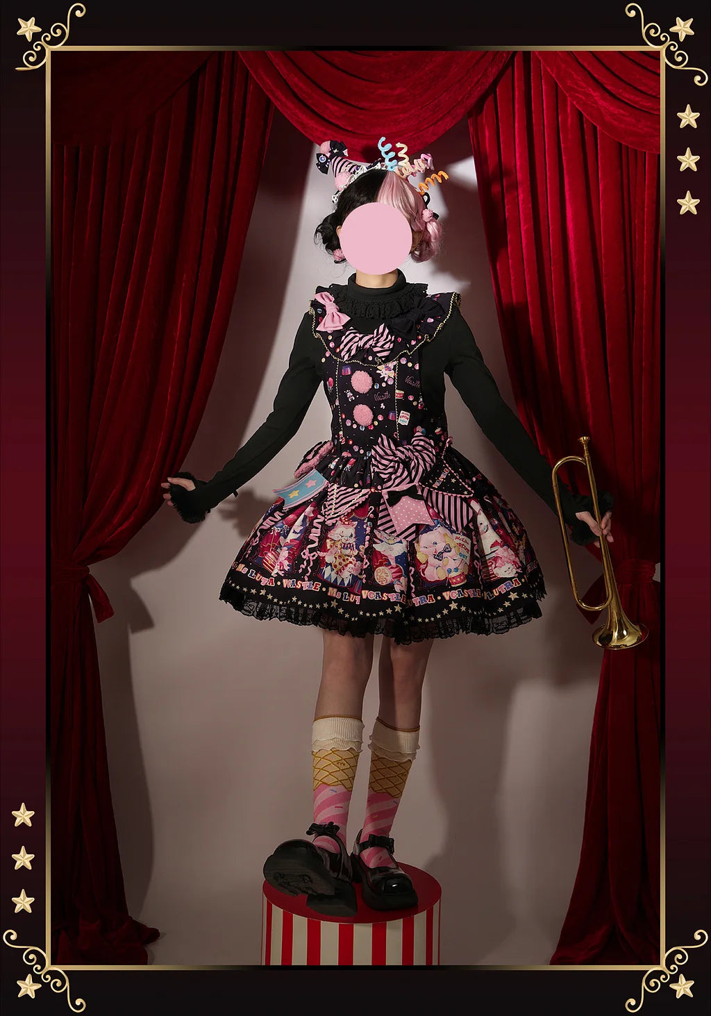 Sweet Goth Lolita Dark Blue Black Doll Printed Short Dress Skirt Cake Dress Spring Halloween