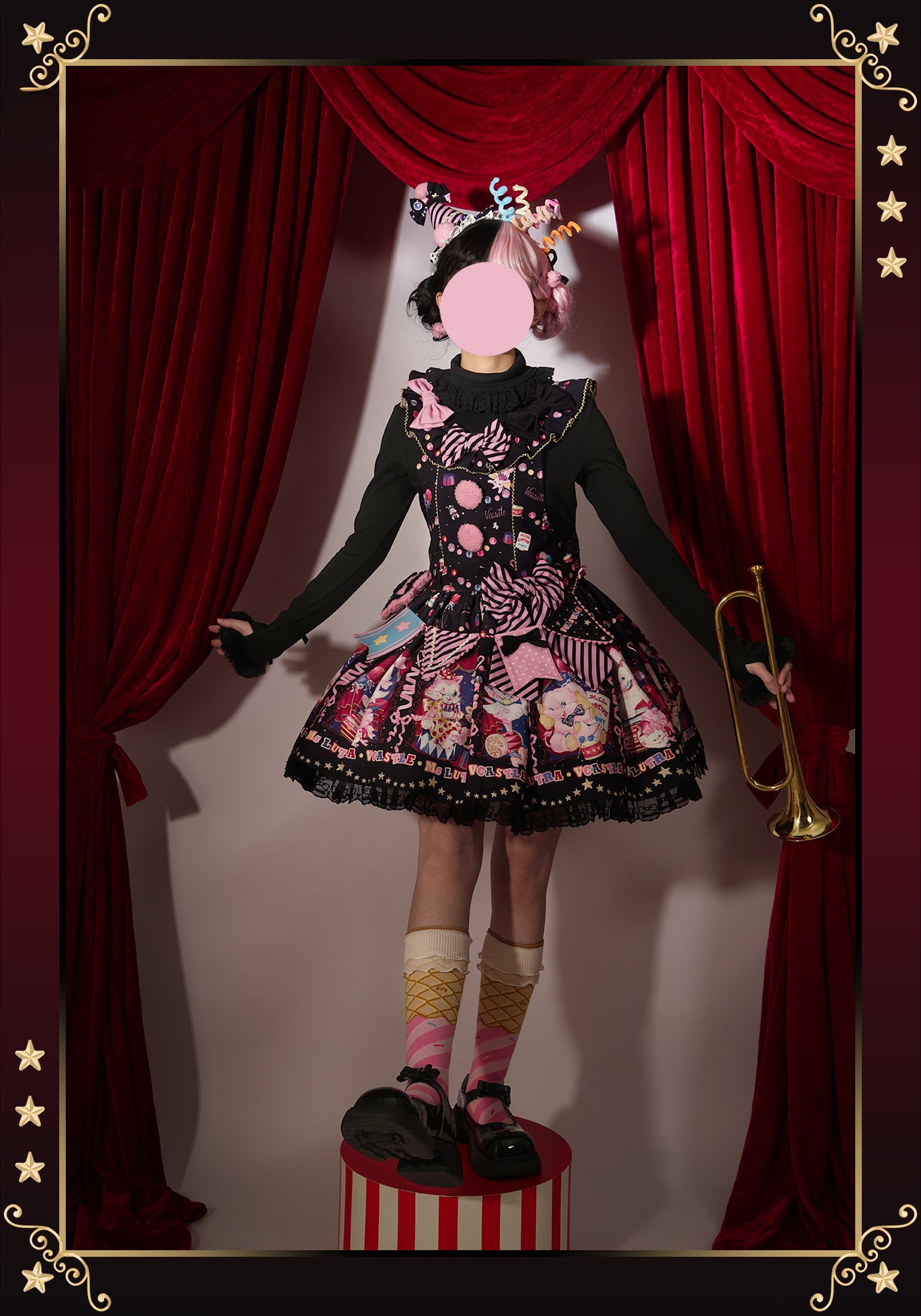 Sweet Goth Lolita Dark Blue Black Doll Printed Short Dress Skirt Cake Dress Spring Halloween