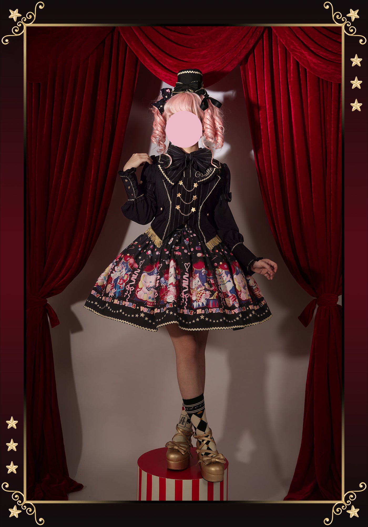 Sweet Goth Lolita Dark Blue Black Doll Printed Short Dress Skirt Cake Dress Spring Halloween