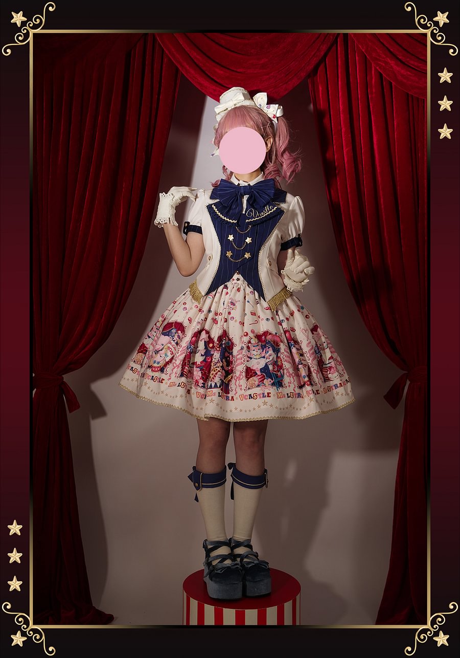 Sweet Goth Lolita Dark Blue Black Doll Printed Short Dress Skirt Cake Dress Spring Halloween