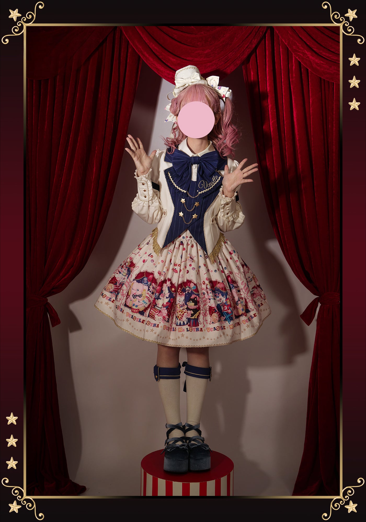 Sweet Goth Lolita Dark Blue Black Doll Printed Short Dress Skirt Cake Dress Spring Halloween