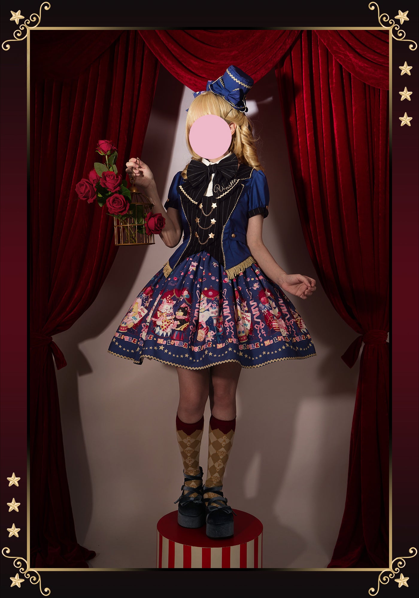 Sweet Goth Lolita Dark Blue Black Doll Printed Short Dress Skirt Cake Dress Spring Halloween