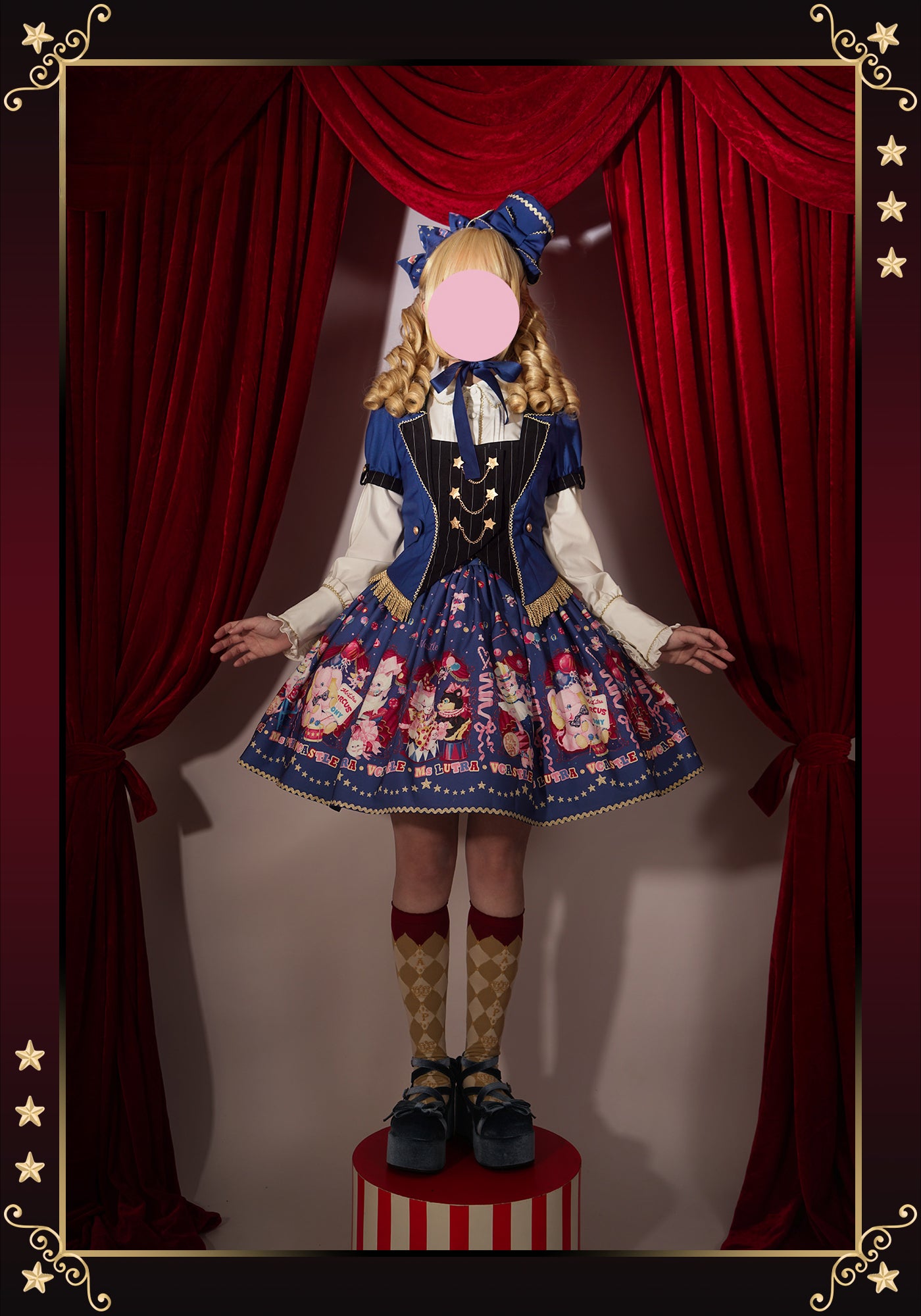 Sweet Goth Lolita Dark Blue Black Doll Printed Short Dress Skirt Cake Dress Spring Halloween