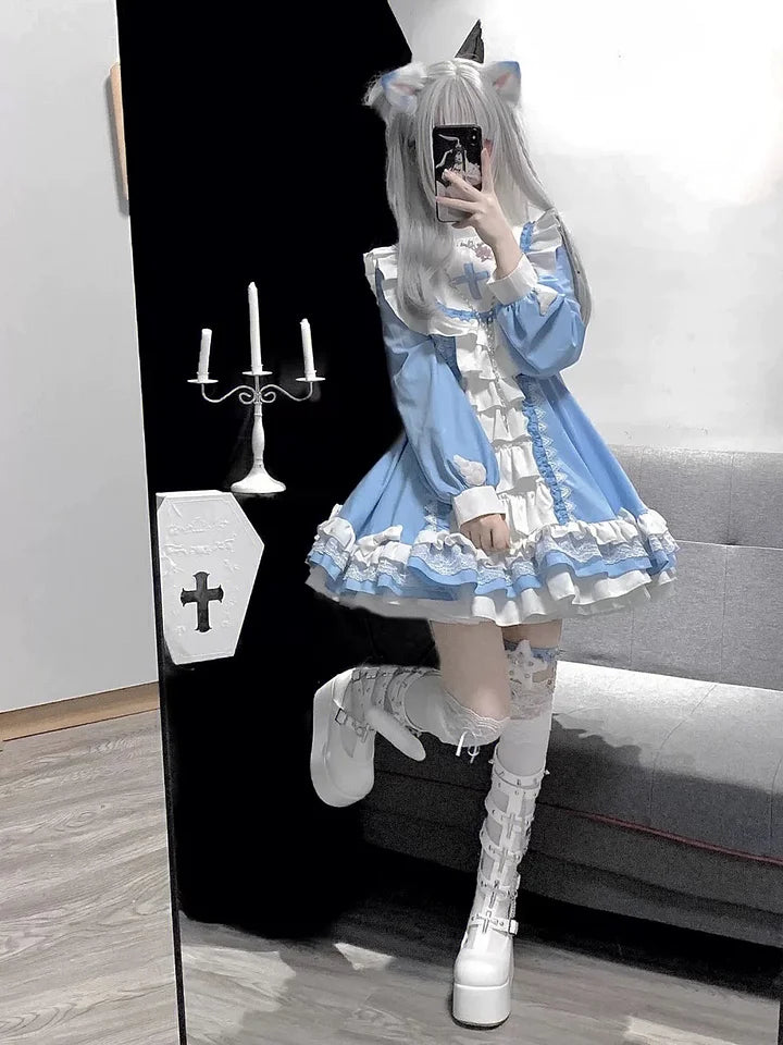 Sweet Gothic Blue Lolita Dress Subculture Y2K Nun Style Halloween Costume OP Japanese Kawaii Outfit