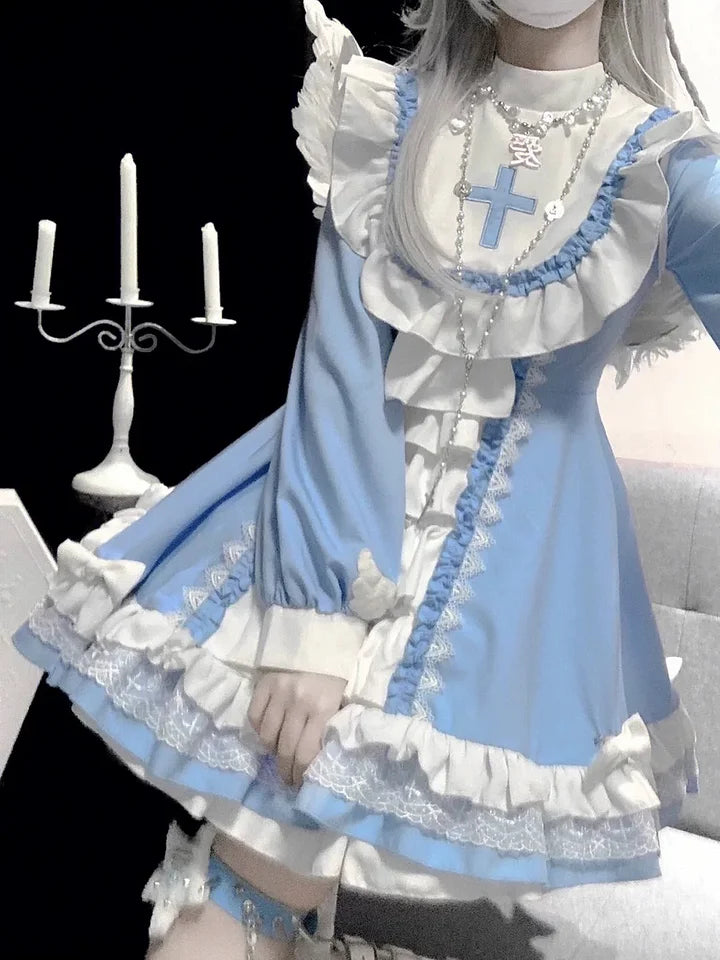 Sweet Gothic Blue Lolita Dress Subculture Y2K Nun Style Halloween Costume OP Japanese Kawaii Outfit