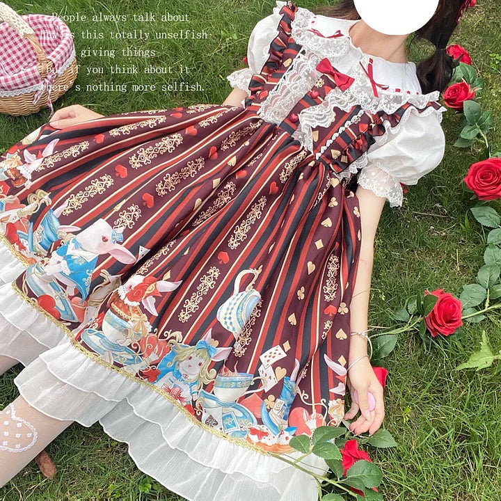 Sweet Light Red Print Dress Spring and Summer Short-sleeved JSK Princess Dress Lolita
