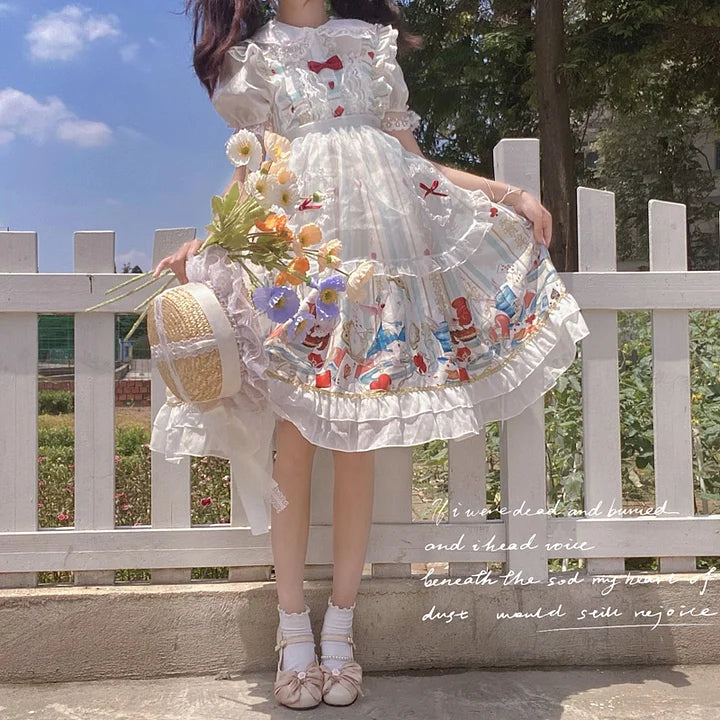 Sweet Light Red Print Dress Spring and Summer Short-sleeved JSK Princess Dress Lolita