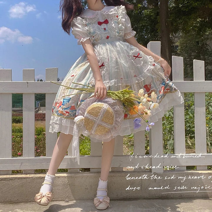 Sweet Light Red Print Dress Spring and Summer Short-sleeved JSK Princess Dress Lolita