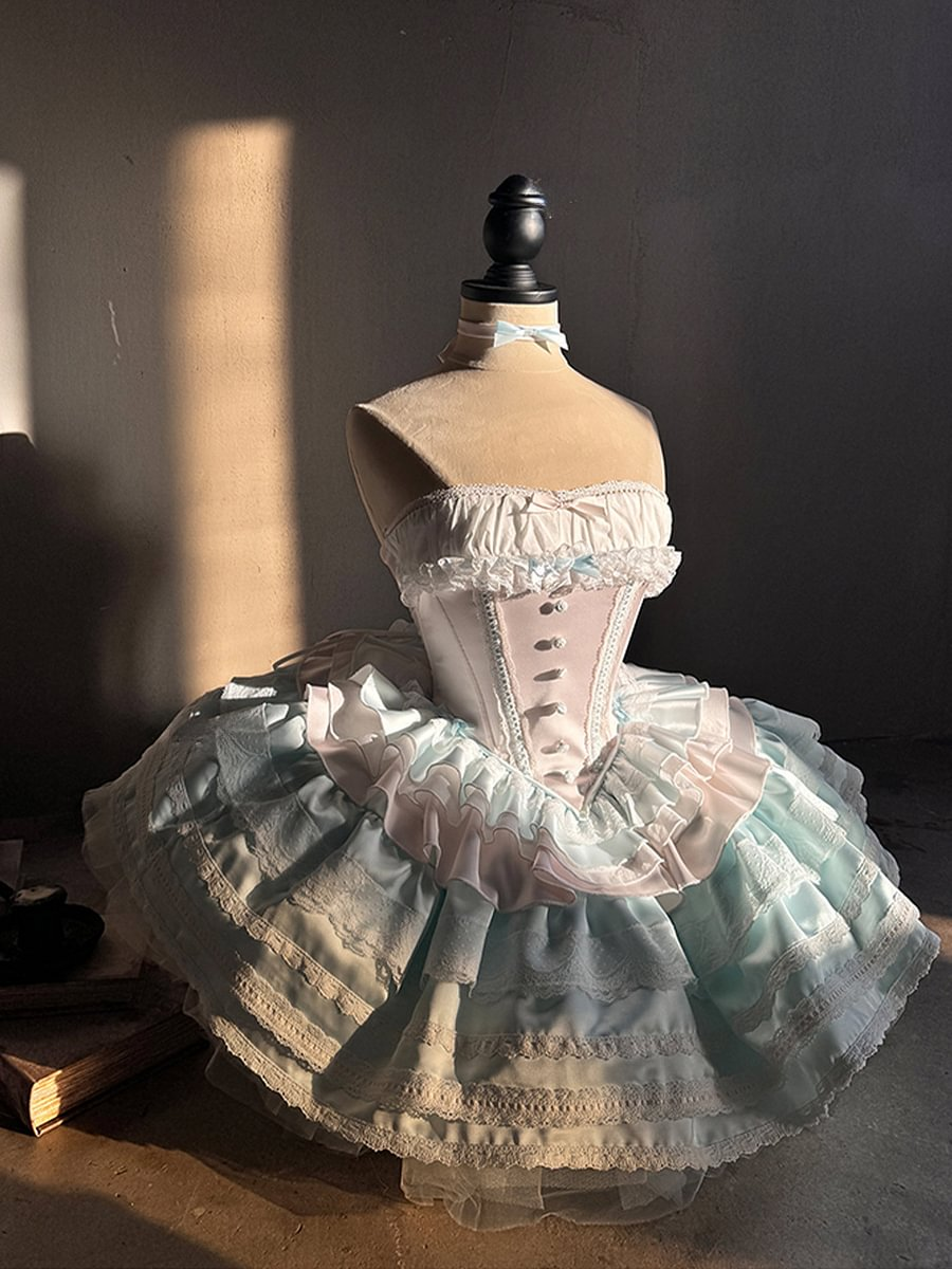 Sweet Lolita Ballet Cake Dress: Soft Princess Birthday Dress Silk Satin Love Song Set