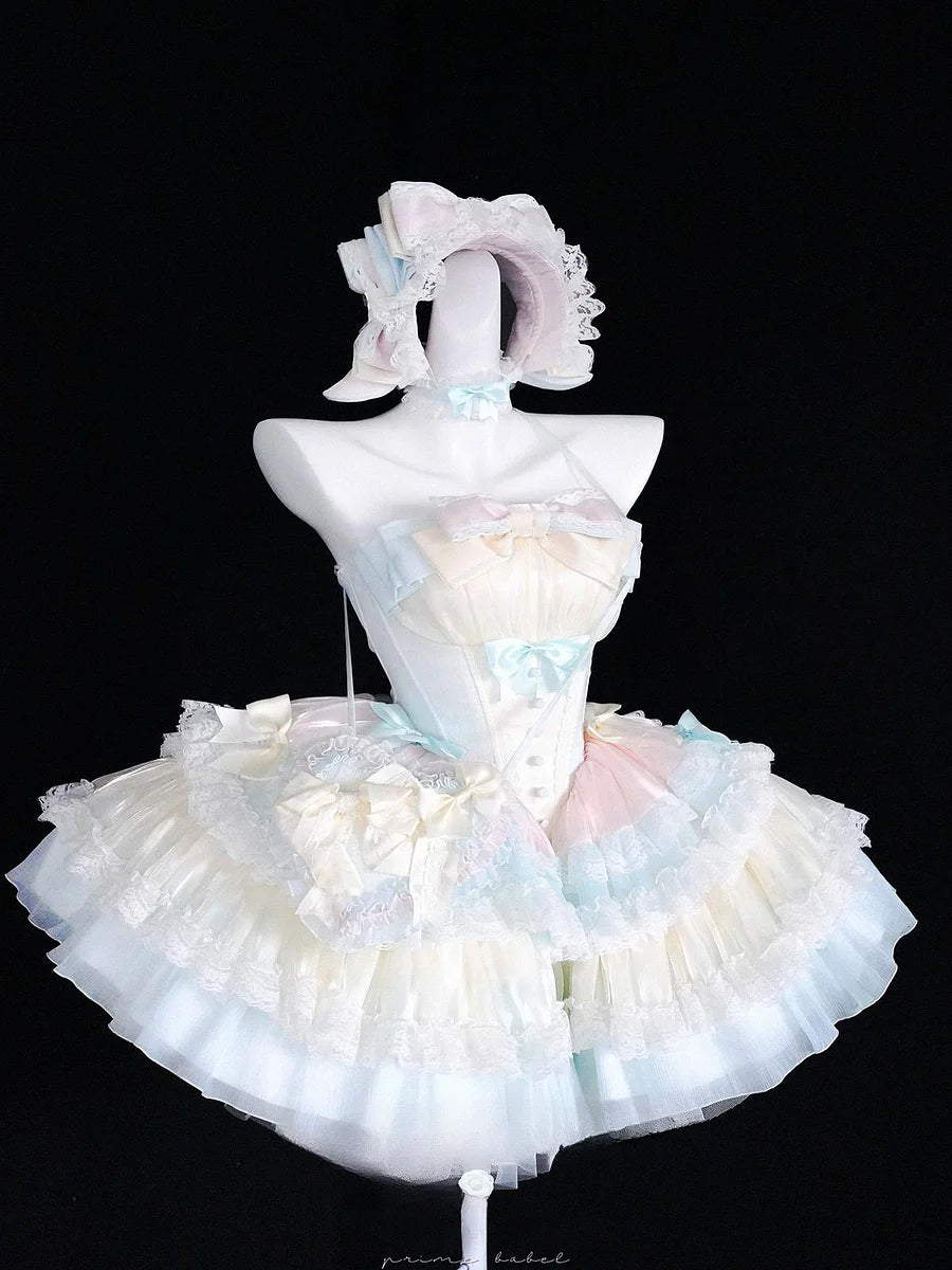 Hime Lolita Ballet Yellow Cream Ruffle Cake Dress Princess Gown for Birthday Party