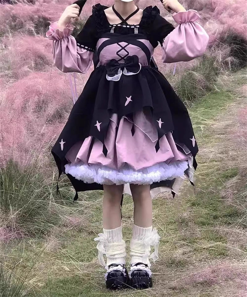 This Black Pink Cute Lolita JSK Dress blends sweet Lolita charm with a playful little witch aesthetic. Designed as a suspender-style JSK, it features a flattering silhouette suitable for autumn and winter wear. The contrasting black and pink tones create a whimsical yet elegant look, while delicate ruffles and bow accents enhance girlish appeal. Perfect for tea parties, cosplay, or seasonal outings, this dress captures the magical essence of Lolita fashion with a charming, mystical twist.
