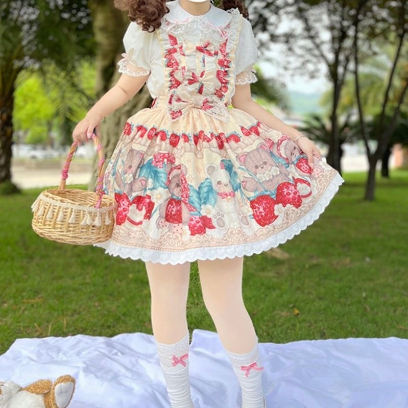 Sweet Lolita Blue Apricot Printed Strawberry Bear Dress Jumper Skirt
