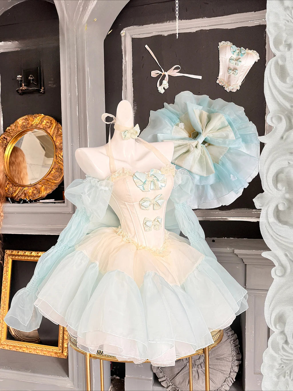 Hime Lolita Blue Pink Cream Sleeveless Ruffled Bow - Detailed Lace - Trimmed