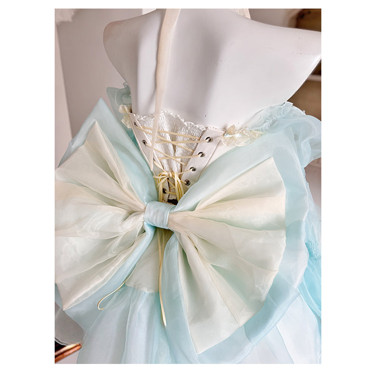 Hime Lolita Blue Pink Cream Sleeveless Ruffled Bow - Detailed Lace - Trimmed