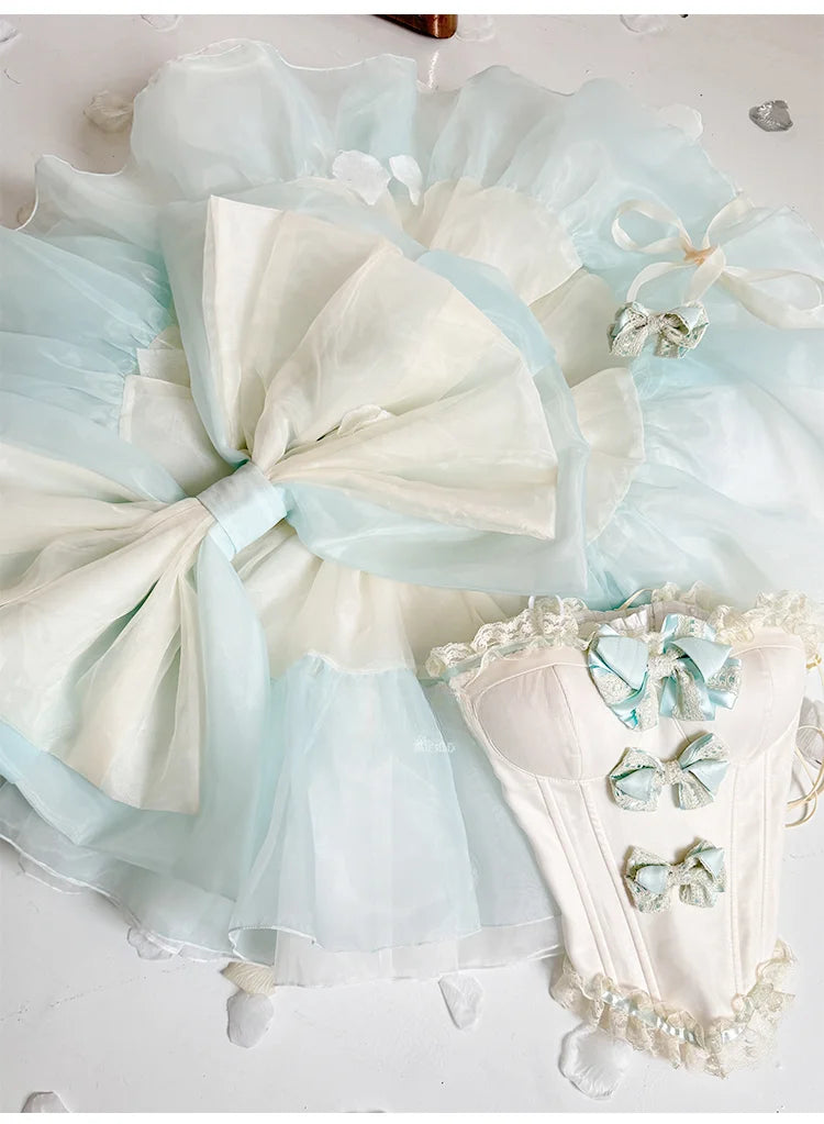 Hime Lolita Blue Pink Cream Sleeveless Ruffled Bow - Detailed Lace - Trimmed