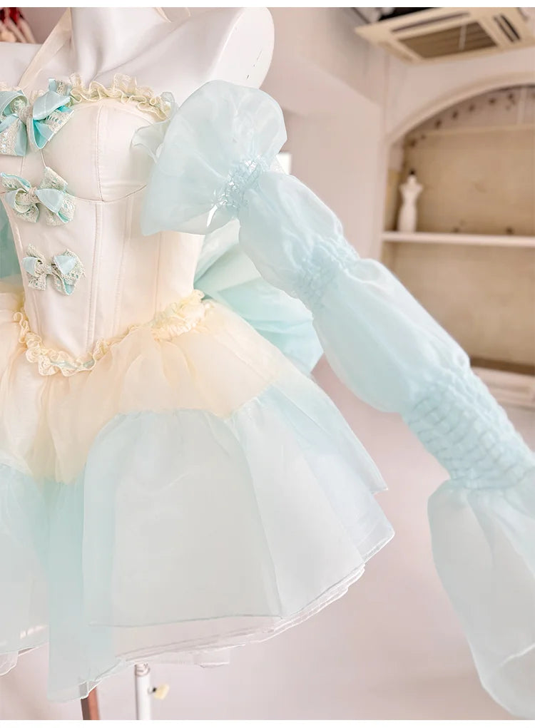 Hime Lolita Blue Pink Cream Sleeveless Ruffled Bow - Detailed Lace - Trimmed