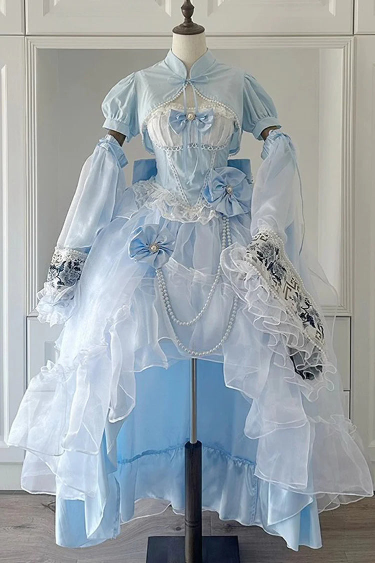 The Blue Hanayome Short JSK Dress is crafted to highlight inclusivity and timeless Lolita elegance. Featuring a sleeveless cut, layered ruffles, and delicate lace, it creates a light, graceful silhouette perfect for warm seasons. The bowknot accents add sweetness, while the Hanayome-inspired design brings a touch of romantic refinement. Specially designed for plus-size wearers, it combines comfort, beauty, and versatility, making it ideal for tea parties, gatherings, and special occasions.