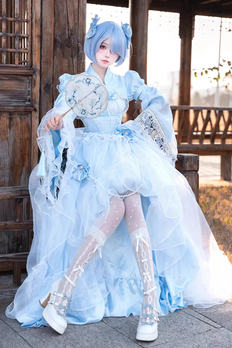 The Blue Hanayome Short JSK Dress is crafted to highlight inclusivity and timeless Lolita elegance. Featuring a sleeveless cut, layered ruffles, and delicate lace, it creates a light, graceful silhouette perfect for warm seasons. The bowknot accents add sweetness, while the Hanayome-inspired design brings a touch of romantic refinement. Specially designed for plus-size wearers, it combines comfort, beauty, and versatility, making it ideal for tea parties, gatherings, and special occasions.