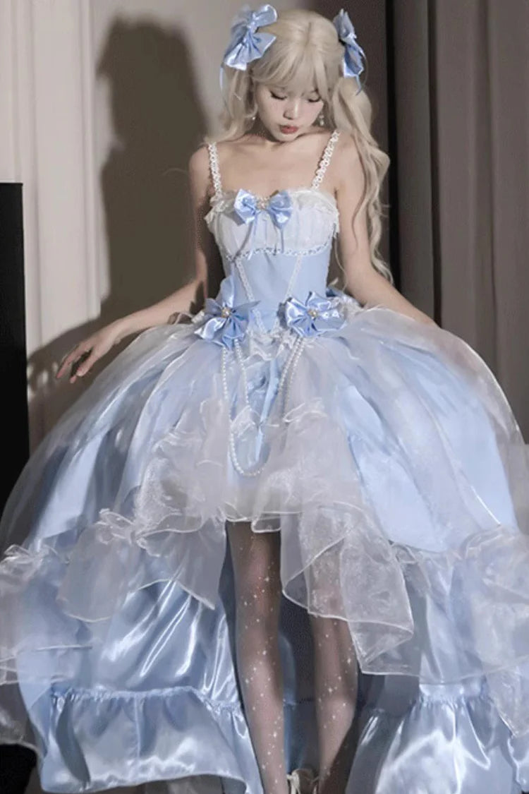 The Blue Hanayome Short JSK Dress is crafted to highlight inclusivity and timeless Lolita elegance. Featuring a sleeveless cut, layered ruffles, and delicate lace, it creates a light, graceful silhouette perfect for warm seasons. The bowknot accents add sweetness, while the Hanayome-inspired design brings a touch of romantic refinement. Specially designed for plus-size wearers, it combines comfort, beauty, and versatility, making it ideal for tea parties, gatherings, and special occasions.