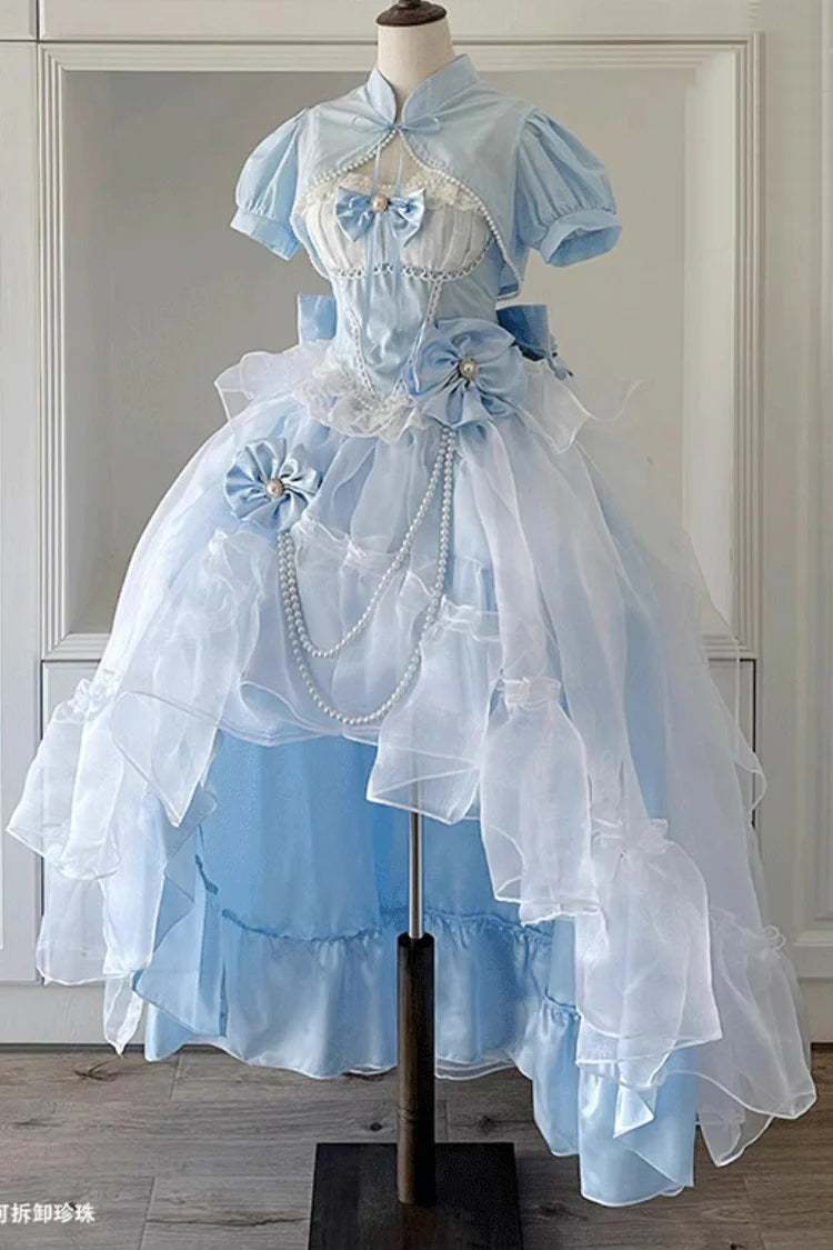 The Blue Hanayome Short JSK Dress is crafted to highlight inclusivity and timeless Lolita elegance. Featuring a sleeveless cut, layered ruffles, and delicate lace, it creates a light, graceful silhouette perfect for warm seasons. The bowknot accents add sweetness, while the Hanayome-inspired design brings a touch of romantic refinement. Specially designed for plus-size wearers, it combines comfort, beauty, and versatility, making it ideal for tea parties, gatherings, and special occasions.