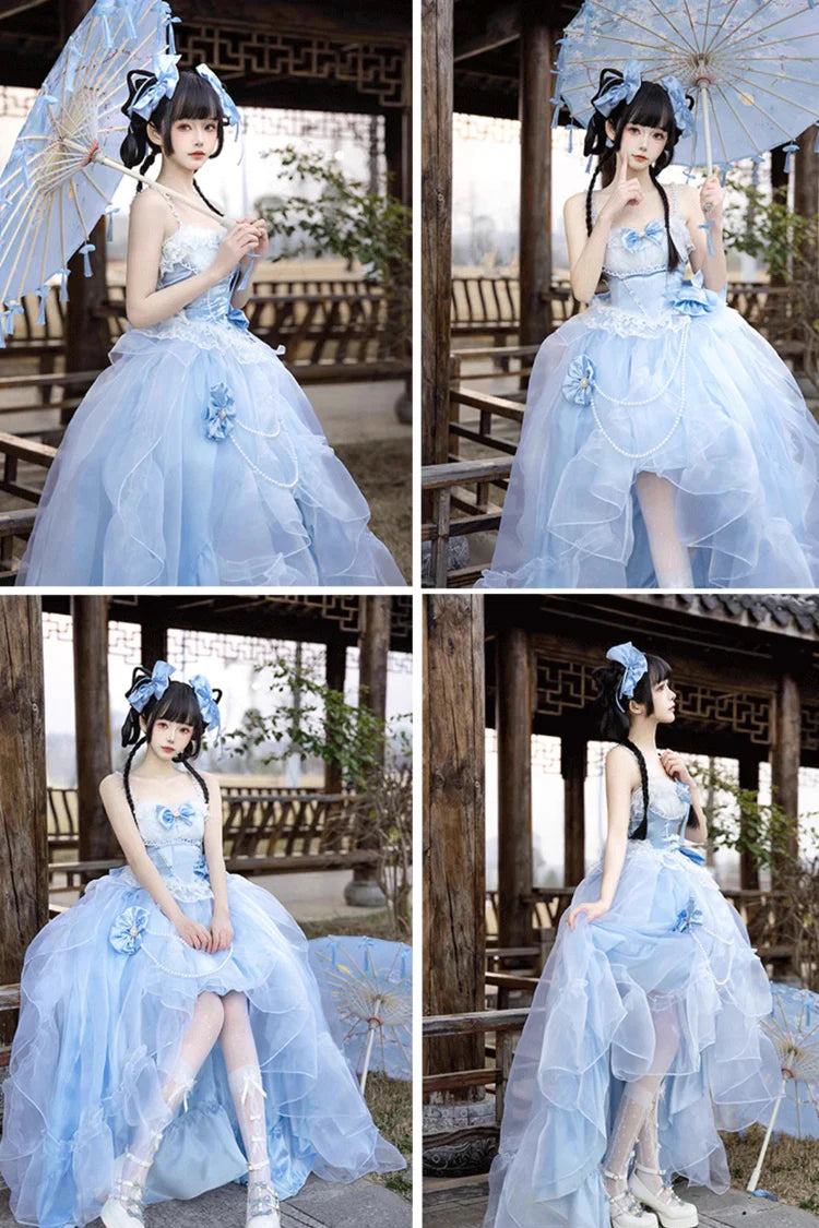 The Blue Hanayome Short JSK Dress is crafted to highlight inclusivity and timeless Lolita elegance. Featuring a sleeveless cut, layered ruffles, and delicate lace, it creates a light, graceful silhouette perfect for warm seasons. The bowknot accents add sweetness, while the Hanayome-inspired design brings a touch of romantic refinement. Specially designed for plus-size wearers, it combines comfort, beauty, and versatility, making it ideal for tea parties, gatherings, and special occasions.