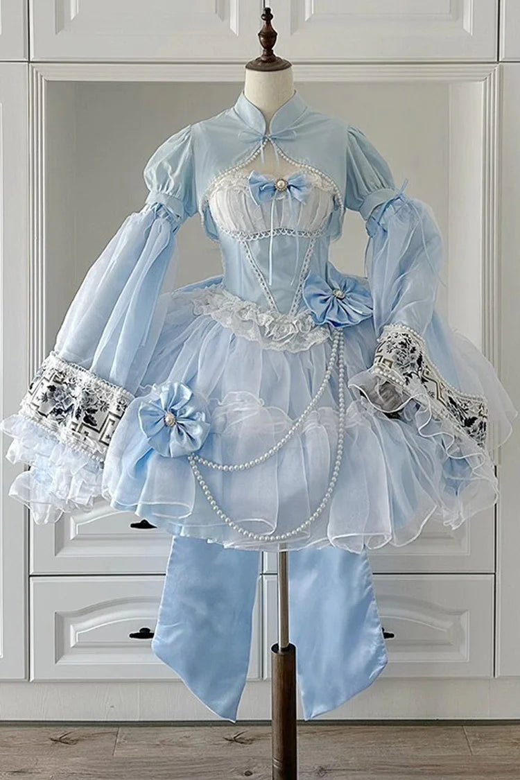 The Blue Hanayome Short JSK Dress is crafted to highlight inclusivity and timeless Lolita elegance. Featuring a sleeveless cut, layered ruffles, and delicate lace, it creates a light, graceful silhouette perfect for warm seasons. The bowknot accents add sweetness, while the Hanayome-inspired design brings a touch of romantic refinement. Specially designed for plus-size wearers, it combines comfort, beauty, and versatility, making it ideal for tea parties, gatherings, and special occasions.