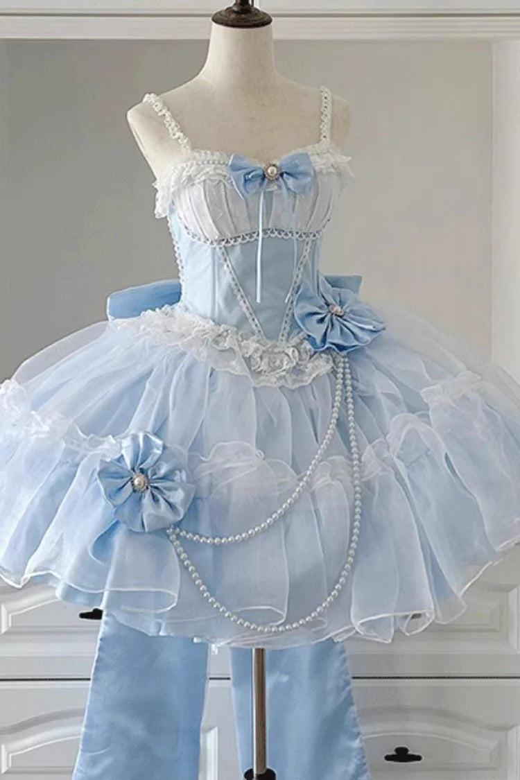 The Blue Hanayome Short JSK Dress is crafted to highlight inclusivity and timeless Lolita elegance. Featuring a sleeveless cut, layered ruffles, and delicate lace, it creates a light, graceful silhouette perfect for warm seasons. The bowknot accents add sweetness, while the Hanayome-inspired design brings a touch of romantic refinement. Specially designed for plus-size wearers, it combines comfort, beauty, and versatility, making it ideal for tea parties, gatherings, and special occasions.