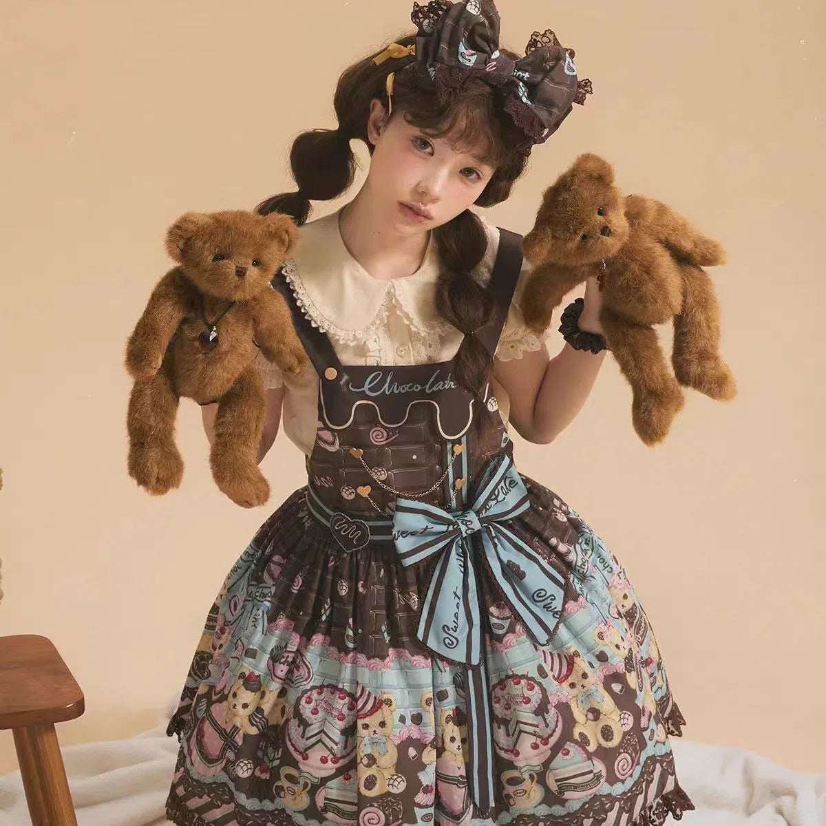 Sweet Lolita Chocolate Dress Brown Blue with Bear Motifs Cream Cake Lolita Jumper Skirt