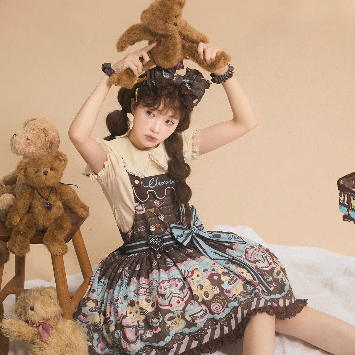 Sweet Lolita Chocolate Dress Brown Blue with Bear Motifs Cream Cake Lolita Jumper Skirt