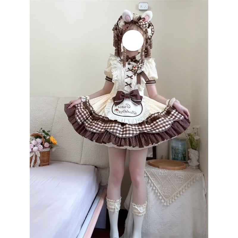 Sweet Lolita Chocolate Dress Strawberry Bear Brown Lolita Summer Ballet Fluffy Dress Cream Cake Lolita One Piece Dress