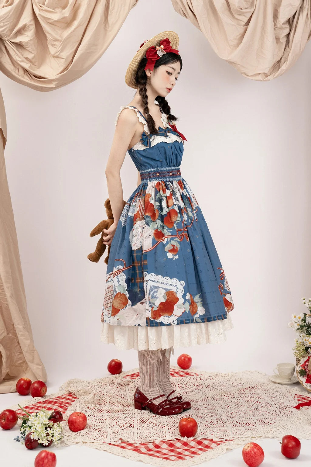 Classic Lolita Vintage Fruit Print Blue Dress High Waist Original Printed Spring and Autumn Daily Outfit