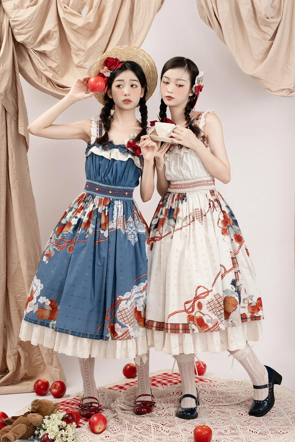 Classic Lolita Vintage Fruit Print Blue Dress High Waist Original Printed Spring and Autumn Daily Outfit