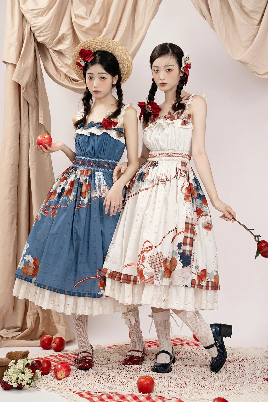 Classic Lolita Vintage Fruit Print Blue Dress High Waist Original Printed Spring and Autumn Daily Outfit