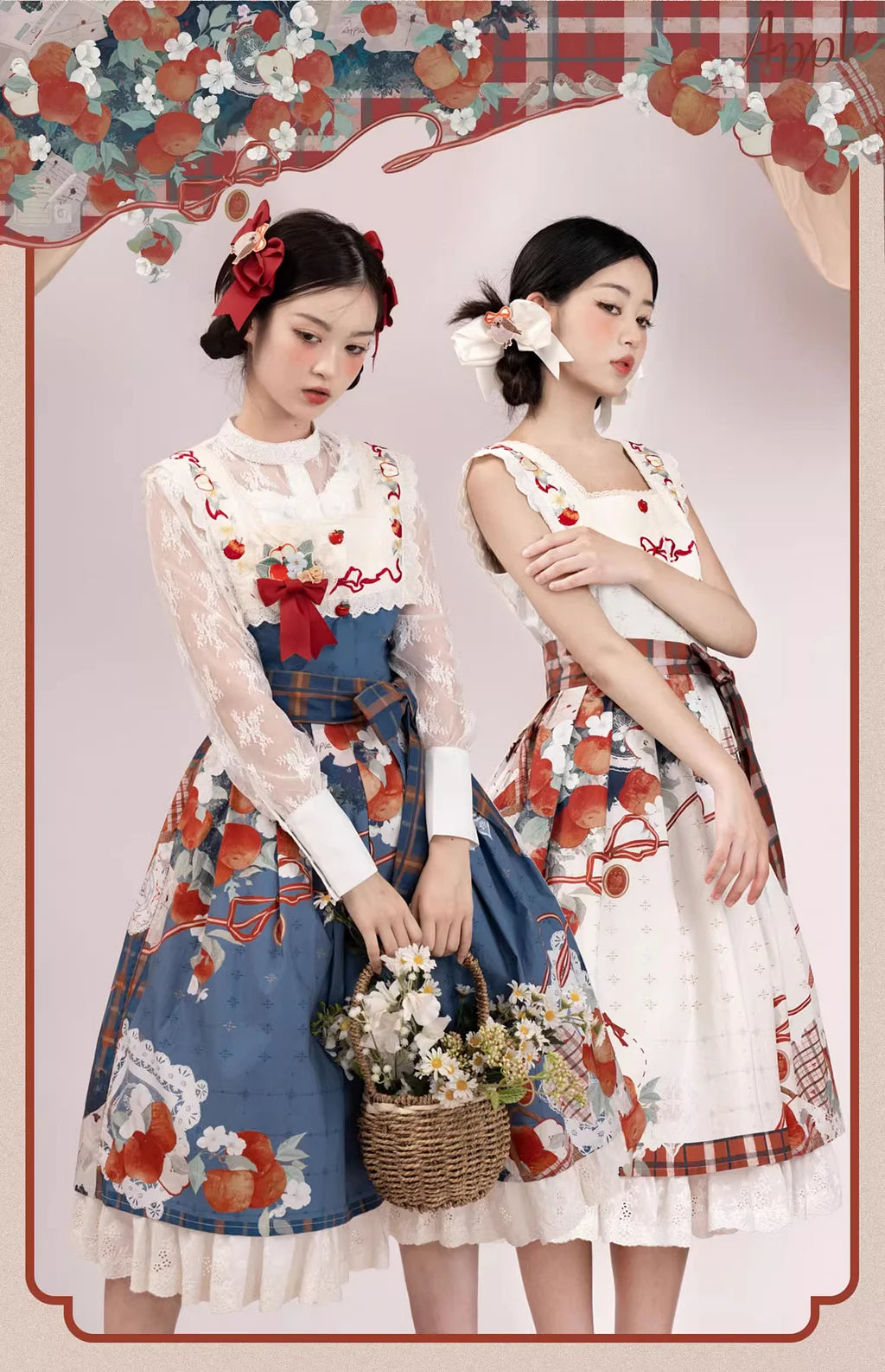 Sweet Lolita Classic White Vintage Pastoral Fruit Printed Apron Style Original Printed Embroidered