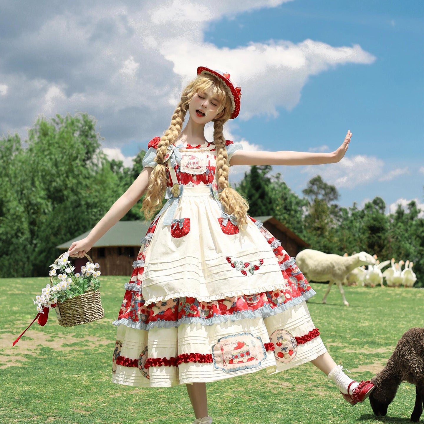Sweet Lolita Cream Red Idyllic Strawberry Print Dress one piece