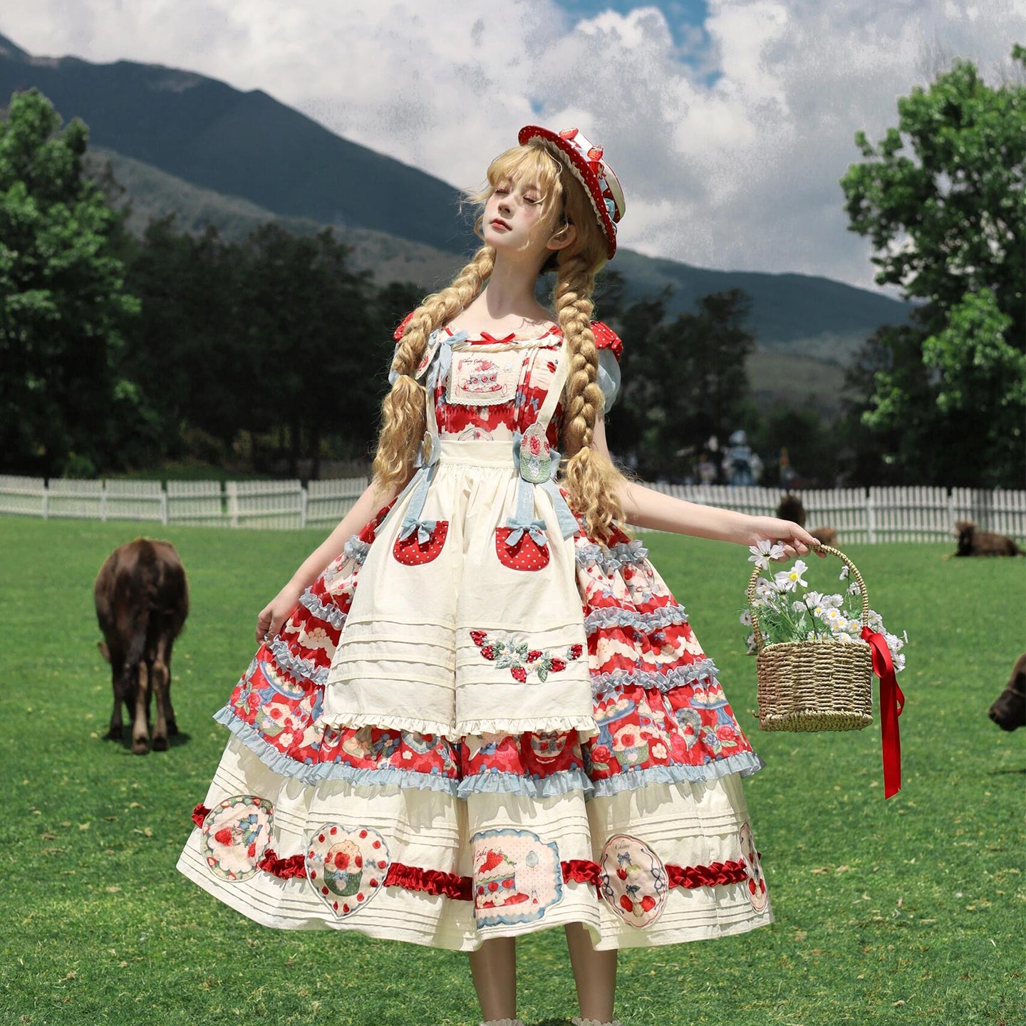 Sweet Lolita Cream Red Idyllic Strawberry Print Dress one piece