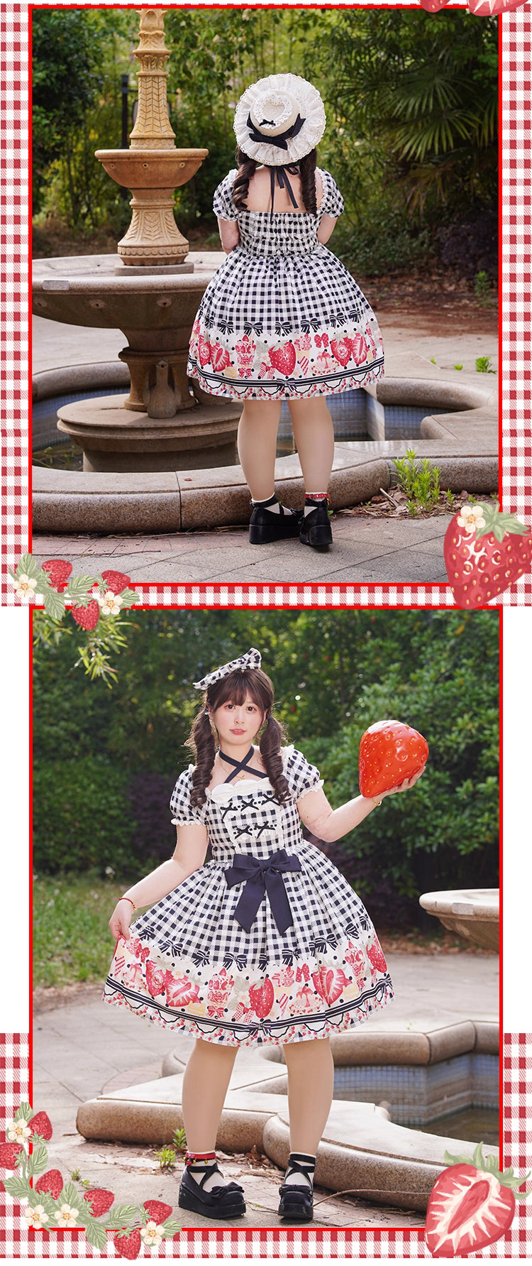 This Cute Black Red Plaid Strawberry Lolita Princess Dress captures the charm of cottage-inspired sweetness. Designed in a plus size friendly cut, it features playful plaid in contrasting black and red tones, adorned with delicate strawberry motifs for a fresh countryside feel. The princess silhouette enhances elegance, while ruffles and bowknot details add girlish charm. Perfect for daily wear, tea parties, or seasonal outings, this dress blends comfort, sweetness, and rustic romance.