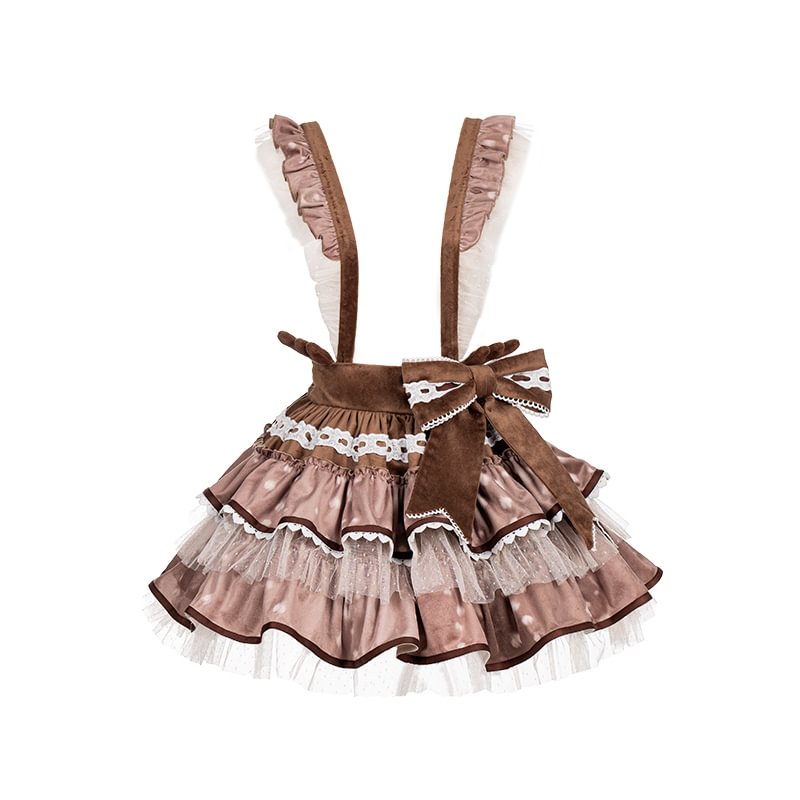 Sweet Lolita Cute Elk Brown Plush Strap Skirt Sweet Ruffle Lolita Skirt Christmas Autumn Winter Lolita Dresses