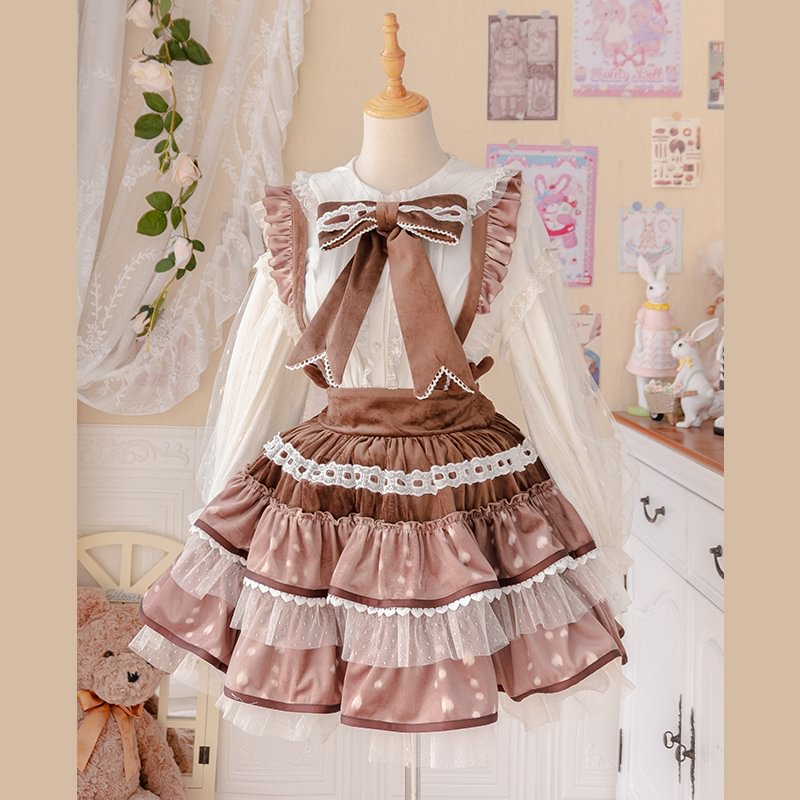 Sweet Lolita Cute Elk Brown Plush Strap Skirt Sweet Ruffle Lolita Skirt Christmas Autumn Winter Lolita Dresses