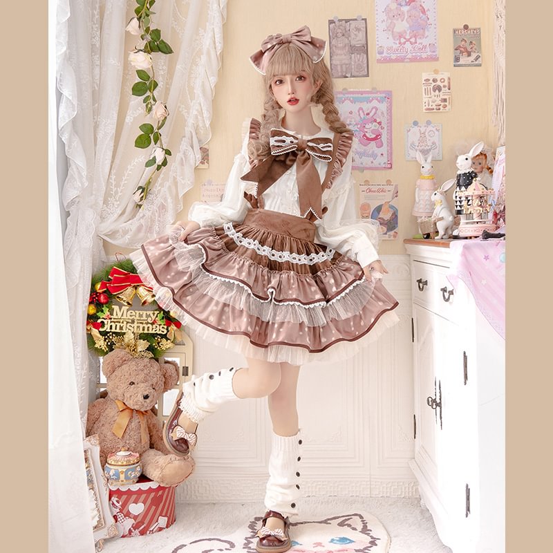 Sweet Lolita Cute Elk Brown Plush Strap Skirt Sweet Ruffle Lolita Skirt Christmas Autumn Winter Lolita Dresses