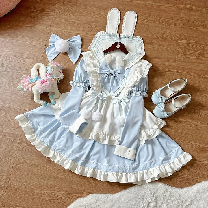 Sweet Lolita Cute Pink Black Blue Lolita Dress Long Sleeve Rabbit Ears Dress Lolita