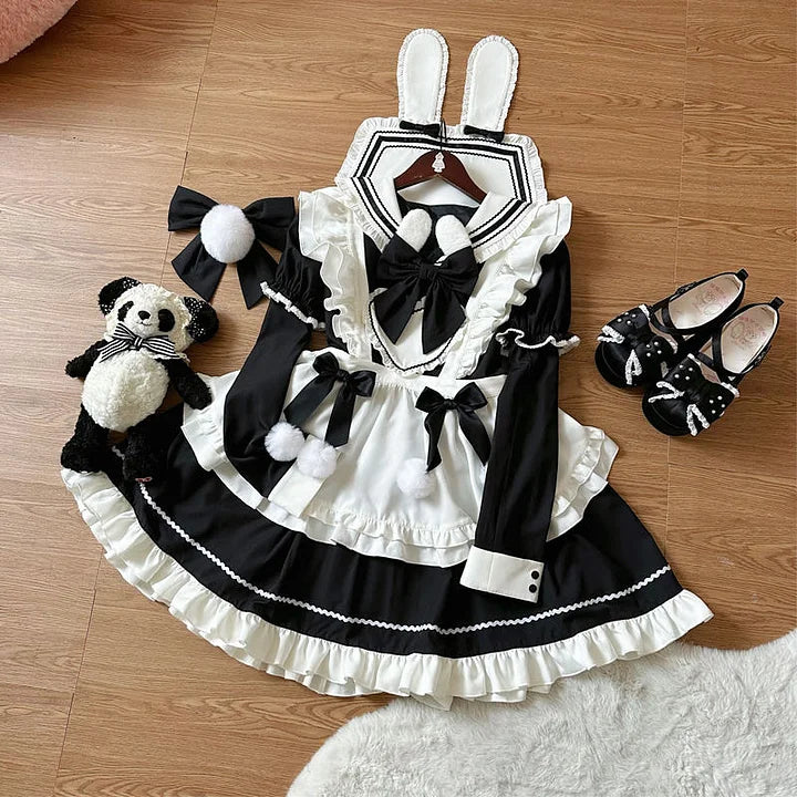 Sweet Lolita Cute Pink Black Blue Lolita Dress Long Sleeve Rabbit Ears Dress Lolita