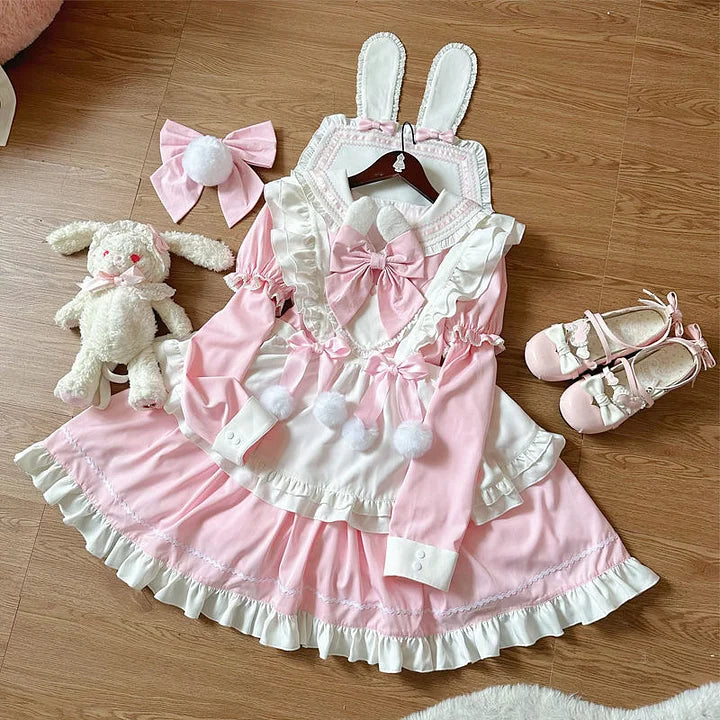 Sweet Lolita Cute Pink Black Blue Lolita Dress Long Sleeve Rabbit Ears Dress Lolita