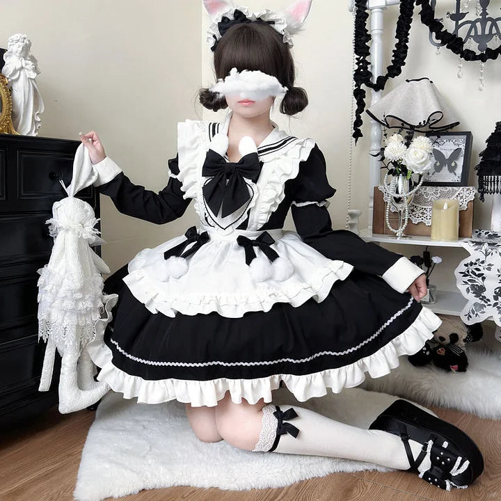 Sweet Lolita Cute Pink Black Blue Lolita Dress Long Sleeve Rabbit Ears Dress Lolita