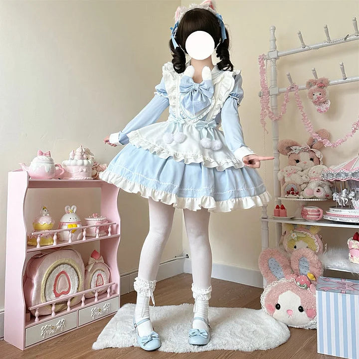 Sweet Lolita Cute Pink Black Blue Lolita Dress Long Sleeve Rabbit Ears Dress Lolita