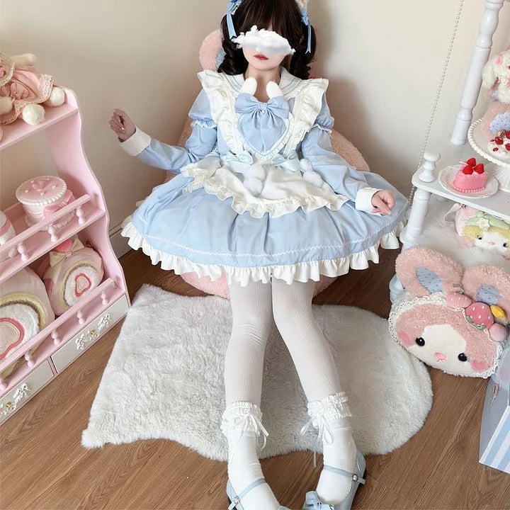 Sweet Lolita Cute Pink Black Blue Lolita Dress Long Sleeve Rabbit Ears Dress Lolita