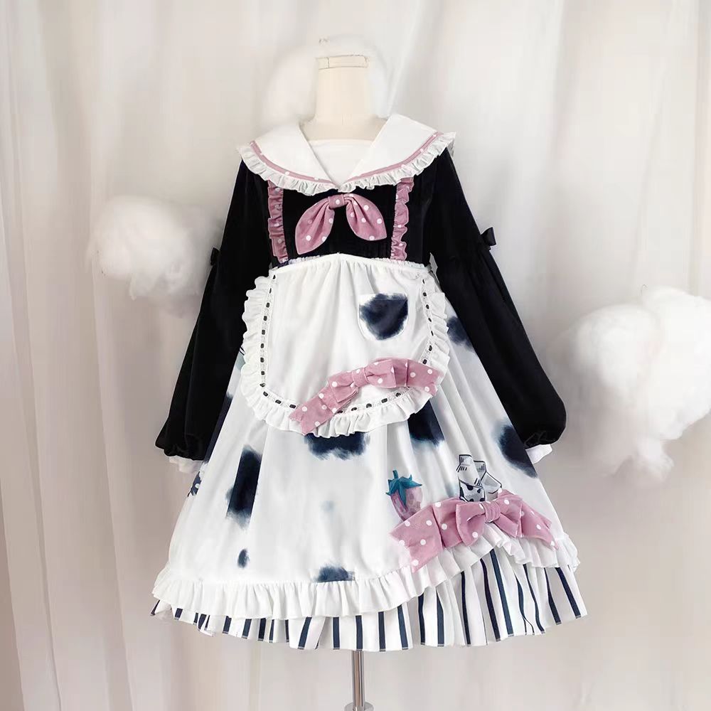 The Cow Print Sweet Lolita Dress combines playful charm with classic elegance. Featuring a doll collar and lantern sleeves, it creates a vintage-inspired silhouette, while the ruffled details and bowknot accents add sweetness. The unique cow print stitching introduces a fun, eye-catching twist that balances cuteness with individuality. Perfect for casual outings, themed events, or tea parties, this dress reflects the whimsical, versatile spirit of Lolita fashion.